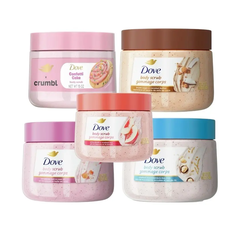 Dove Crumbl Exfoliating Body Scrub 15 oz - Pink Jar with Pink Lid, Peach & Crushed Macadamia & Himalayan Blend Fragrance Cleanser Cosmetic for Smoother Skin (Choose Option Below), Pre-Mixed Body Scrubs, Full-Body Body Scrubs