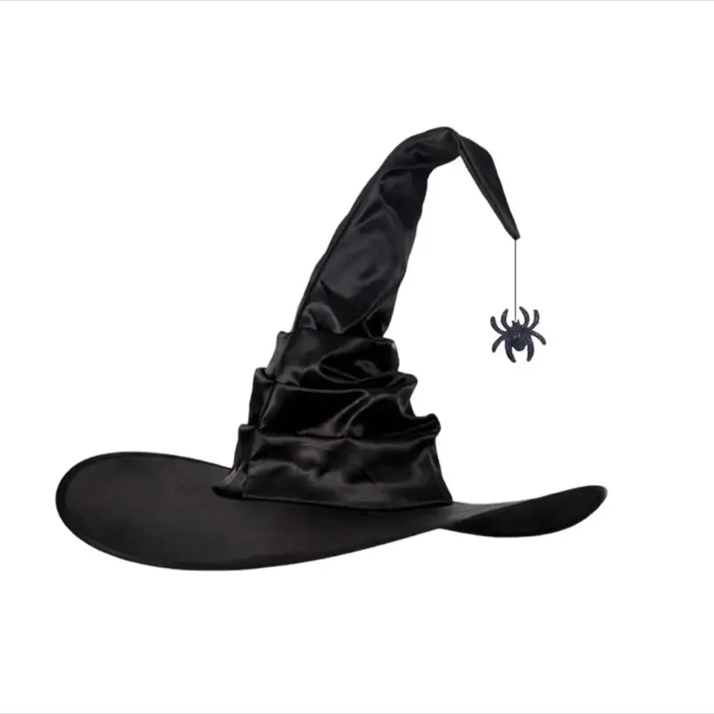 Classic Halloween Satin Pointed Witch Hat - 1-Size Character Accessory with Hanging Spider, Wizard Hat Photobooth Props, Festive Party Prop, One Size, Spider Hanging