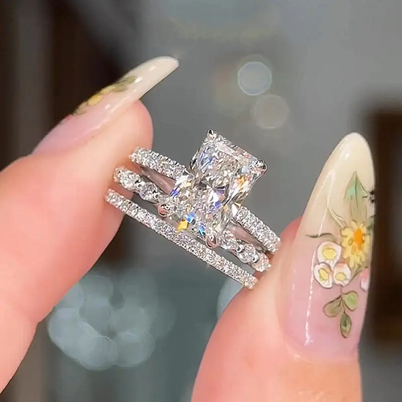 Maxine Noble 925 Sterling Silver 3.3ct Radiant Cut Engagement Ring Set,3PC Bridal Ring Set,5A Cubic Zirconia Women's Ring Jewelry,Wedding Ring Set for Daily,Travel,Proposal,Birthday,Anniversary, Engagement Rings