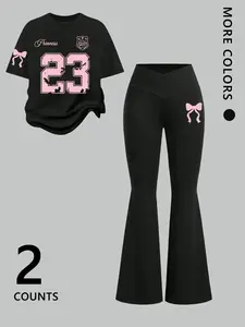 American Girl Style Bow Print Set, Streetwear Casual Short Sleeve Long Pants Two-Piece, Fitted Cartoon Pattern, Spring & Fall