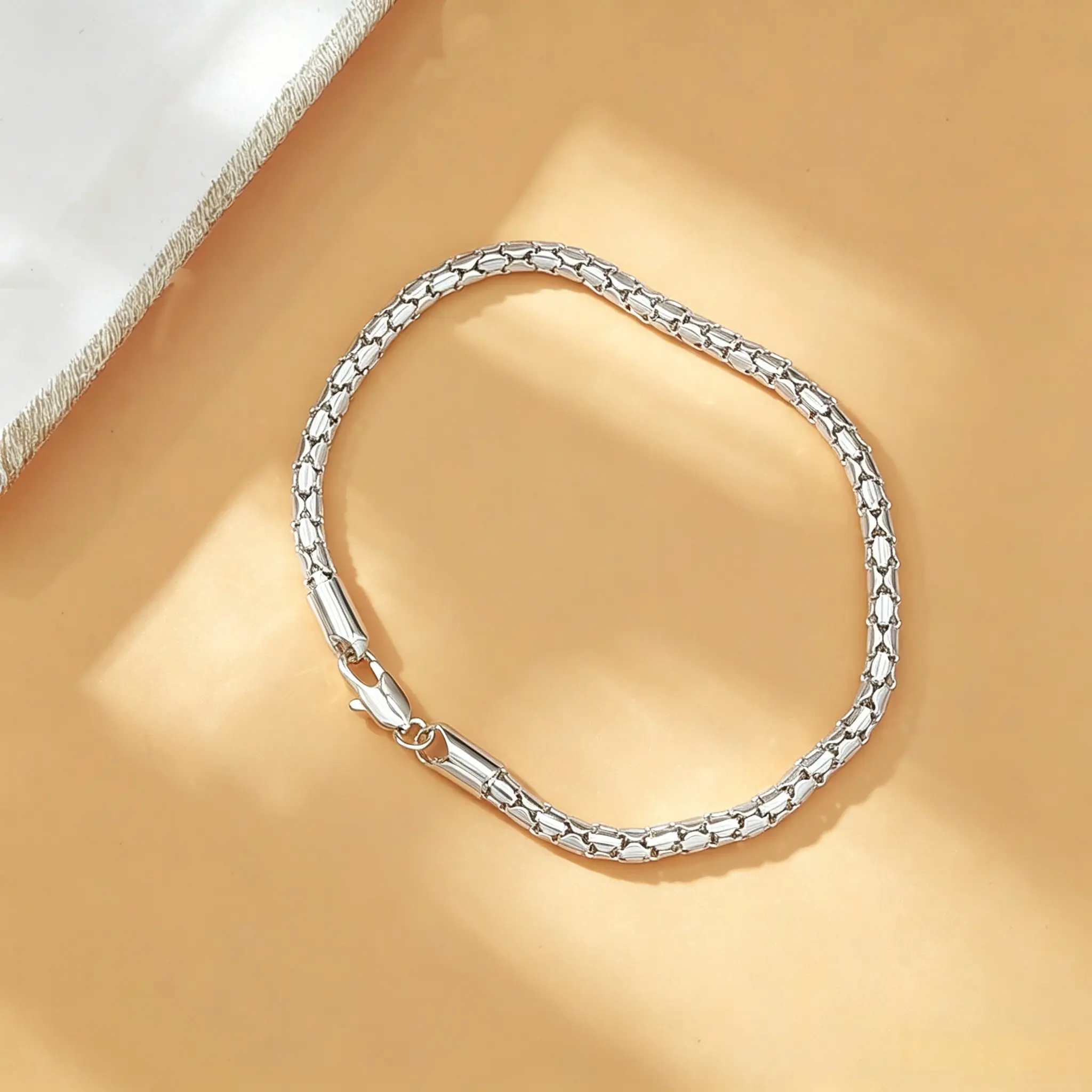 Silver Plated Solid Copper Smooth Box Snake Link Bracelet, Polished Shiny Tiny Cube Chain Wrist Bangle, Minimalist Stackable Fashion Bracelet Jewelry Gift for Daily Wear Birthday