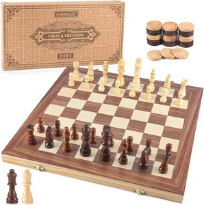 AMEROUS 15" Wooden Chess and Checkers Set – 2-in-1 Board Game with Storage & Extras