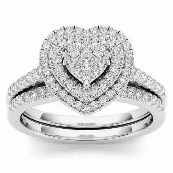 Romantic Double Halo Heart Bridal Ring Set – Sterling Silver Paved Brilliant Sparkle Cubic Zirconia Stackable Engagement & Wedding Matching Band, Sentimental Valentine Anniversary Gift for Her