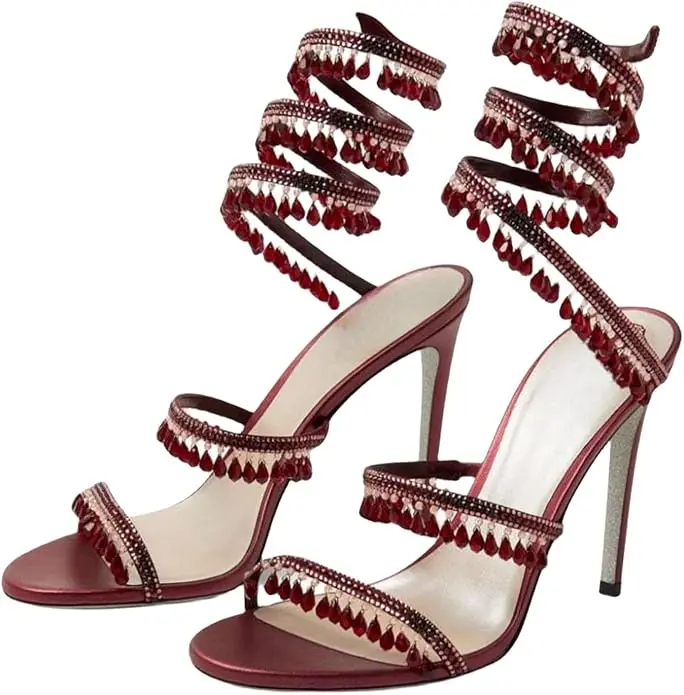 Stiletto Heel Ankle Wrap Sandals for Women Open Toe Crystal Fringe Strappy Wedding Guest Party Shoes Embellished Heels Formal