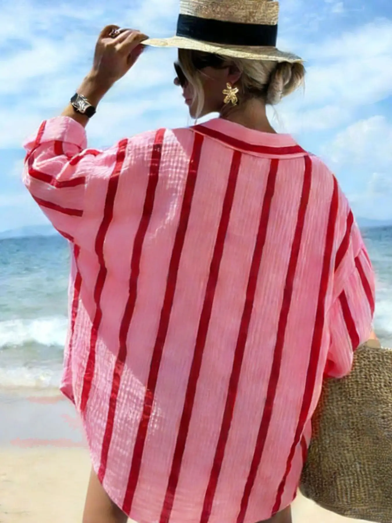 Women's striped linen-blend beach shirt for spring/summer, casual button-down cover-up, Beach Coverup, Swimsuit Coverups, Swimwear Cover Up, Swim Cover Ups, Swimsuit Cover Ups, perfect for summer vacations & street style | #CoastalStyle #BeachEssentials