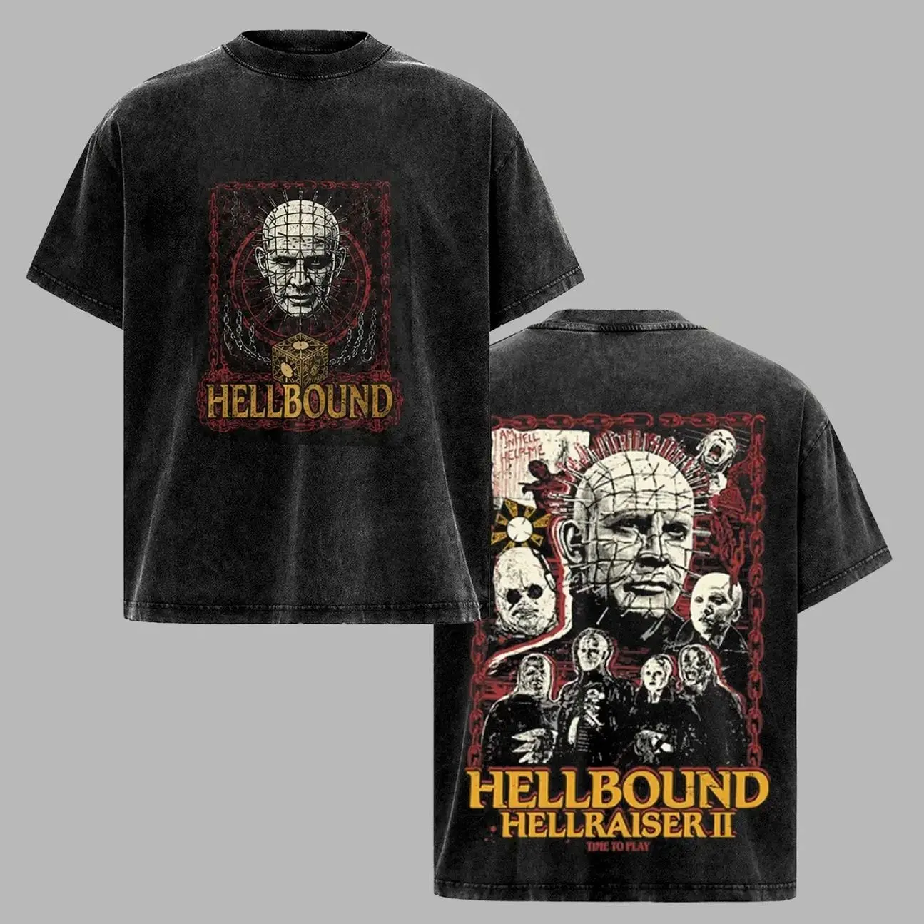 Hellbound Hellraiser II Vintage Horror Graphic T-Shirt Hoodie, Pinhead Puzzle Box Washed Black Tee, Retro Scary Movie Shirt, Cult Horror Poster Art, Halloween Streetwear, Unisex Horror Fan Gift OFI
