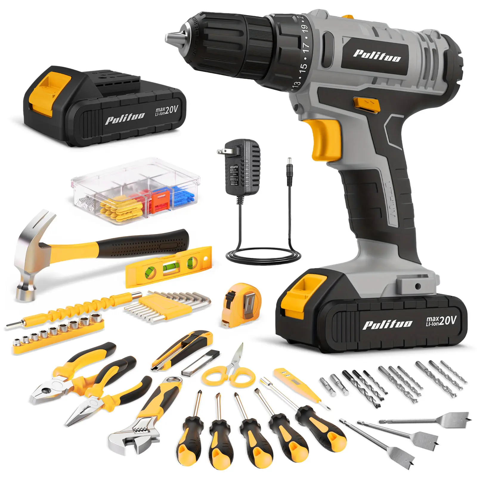 Pulituo 20V Cordless Rechargeable Drill Set, Electric Drill with Switchable Multipurpose Screwdriver, Professional Hardware Kit for Home DIY