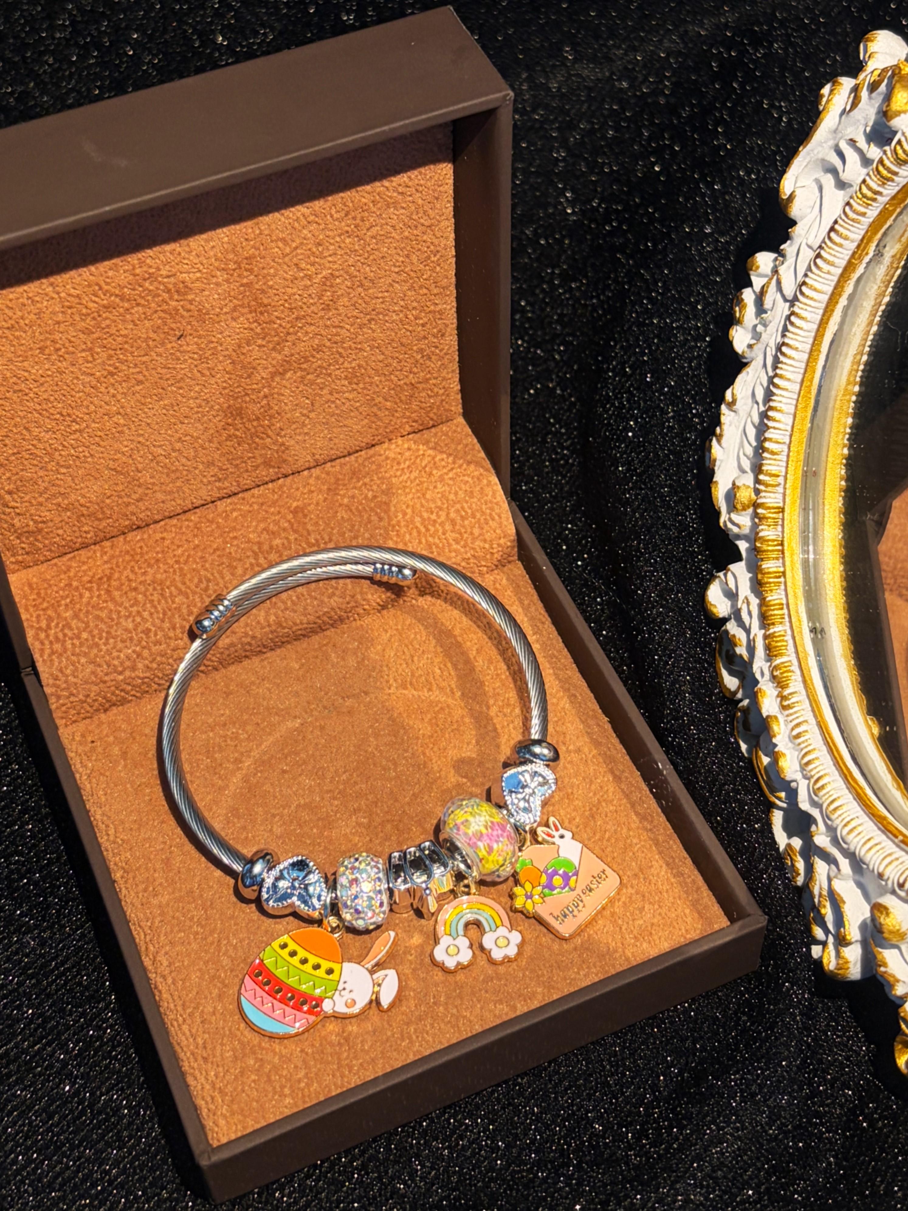 Open Wire Bangle Bracelet, Cute Bunny Egg Rainbow Enamel Dangle Charms, Colorful Statement Holiday Jewelry Gift for Women