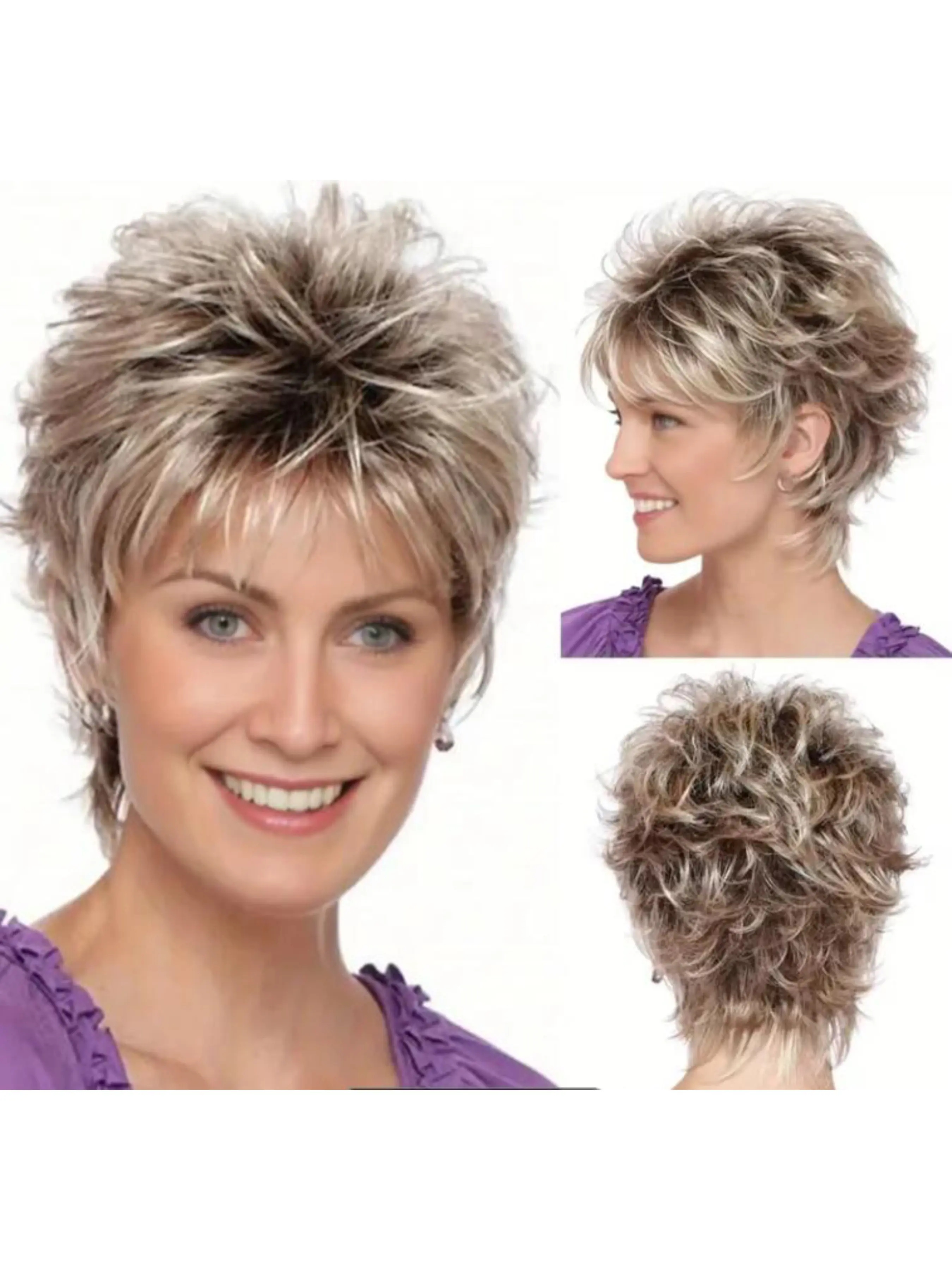 Short Bob Pixie Wig, Fashionable Women's Fluffy Mix Short Curly Hair, Synthetic Wavy Hair, Bangs Gradient Straight Synthetic Wig