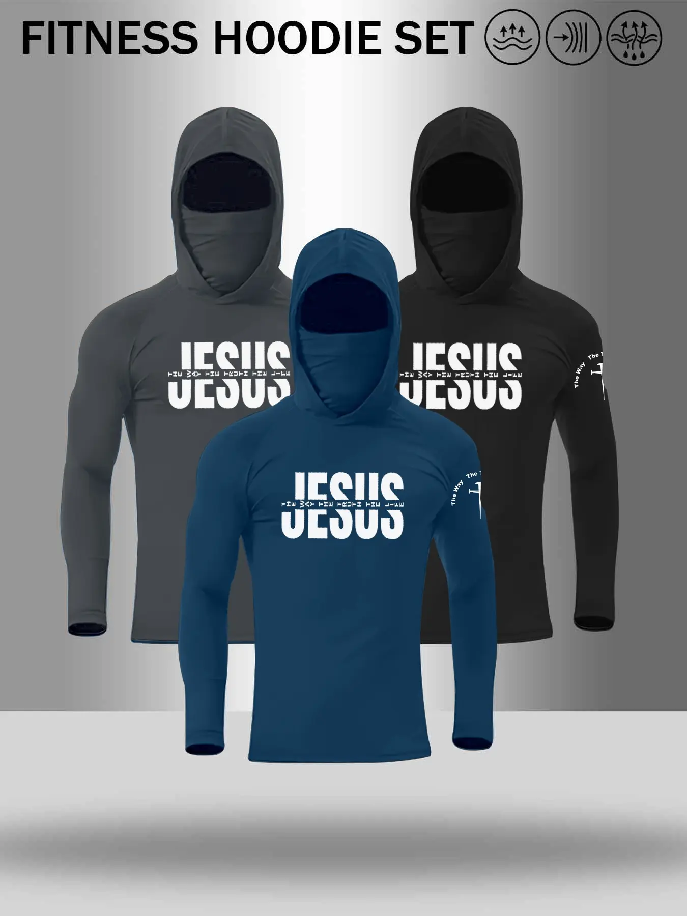 Men's Jesus Graphic Balaclava Hoodie Fitness Set, Hoodie Tops, Long Sleeve Quick Dry Hoodies Workout Top, Christian Faith Gym Apparel #tiktokmademebuyit