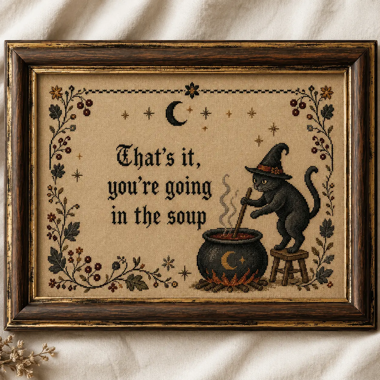 Funny Black Cat Witch Halloween Poster - Cross Stitch Look Printed Wall Art with Border, Spooky Animal Gothic Cottagecore Decor, Magical Home Decoration Gift