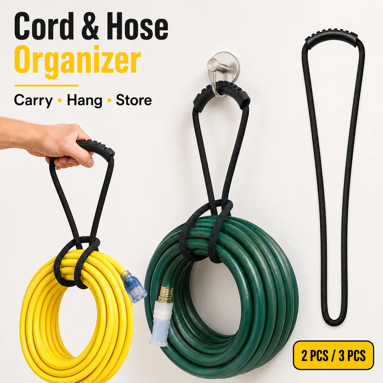 Durable Nylon Rope Storage Straps Set with Fixed Handle, 2-Count/3-Count Extensions & Soft Hose Fix Fasteners, for Garden, Outdoor Workspace Use - MM2 Model (Tools & Hardware) Tangle-Resistant Hang Solution