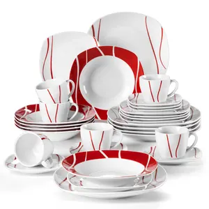 MALACASA Fiesta Dinnerware Sets, 30-Piece Porcelain Square Dishes, Modern Dish Set for 6 - Plates and Bowls Sets, Cups and Saucers Set - Series FELISA Winter Holiday