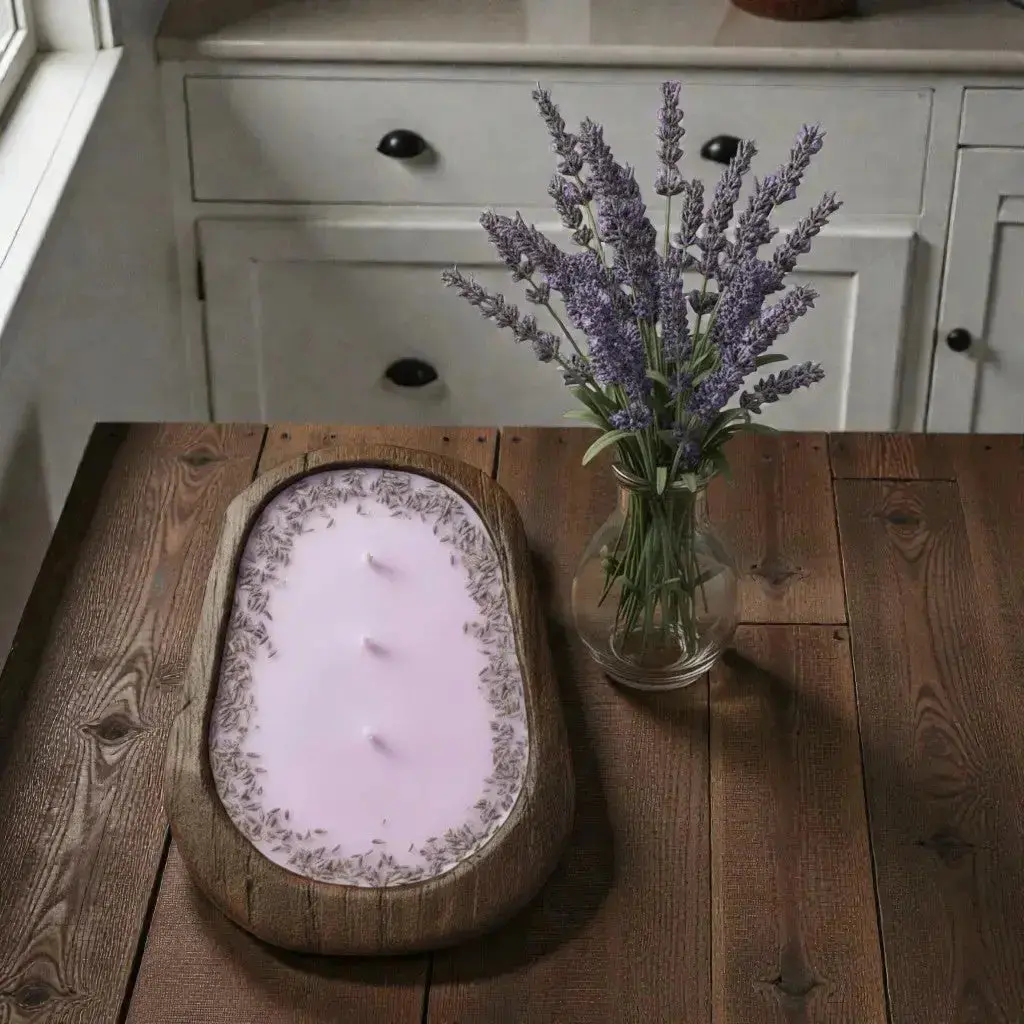 Lavender Candle in Hand-carved Bowl | Organic Soy Candle
