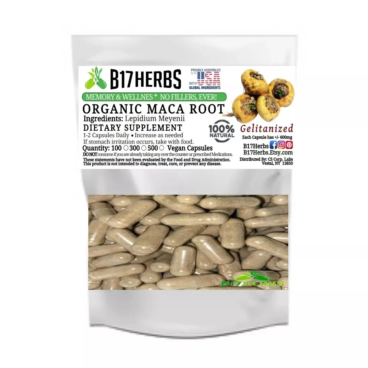 Gelatinized Maca Root - 600mg 100 Veggie Capsules