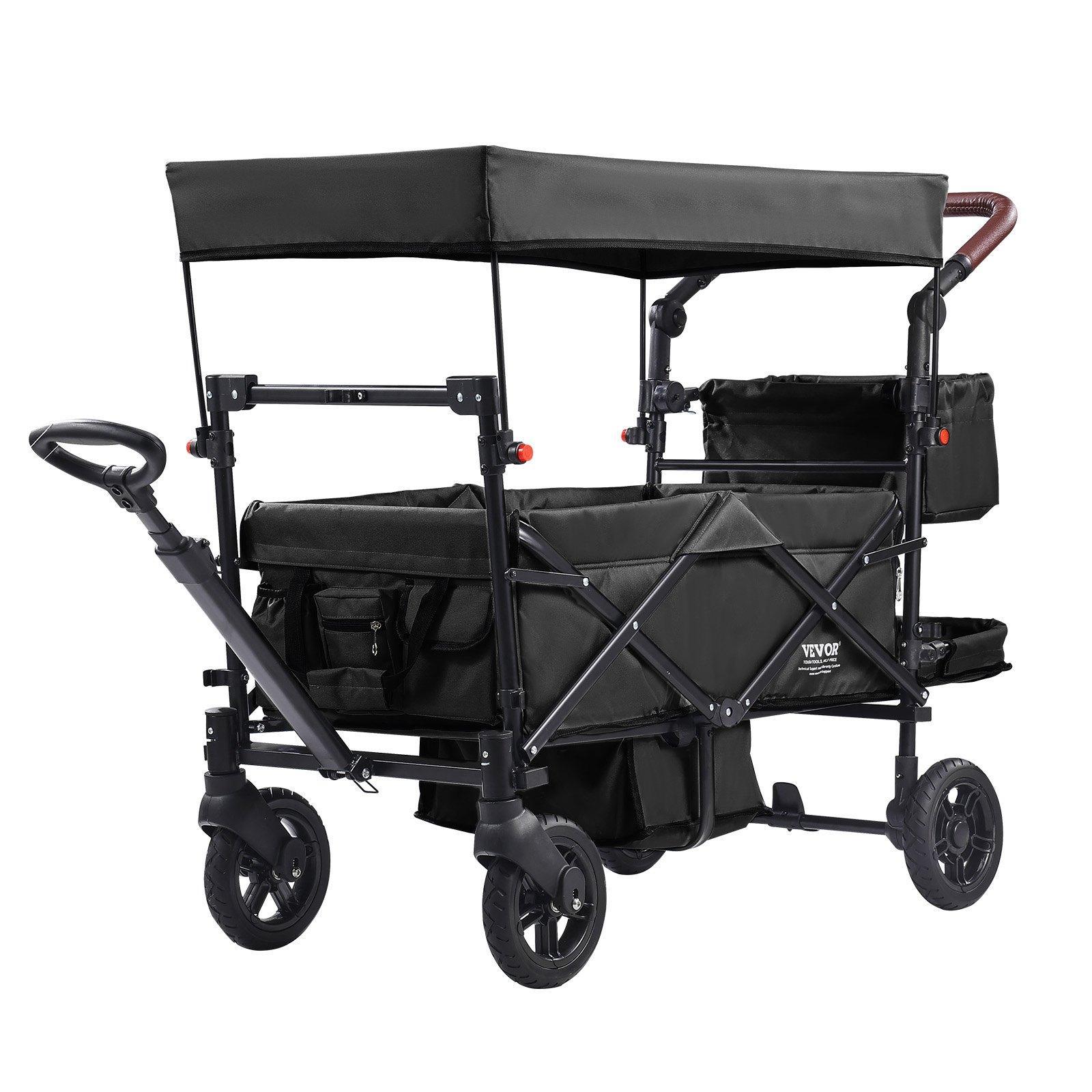 【Father's Day】VEVOR Wagon Stroller for 2 Kids,  Push Pull Quad Collapsible Stroller with Adjustable Handle, Encircling Harness Removable Canopy, 4 Wheels with Brakes, Mutifunction Tandem Stroller for Camping