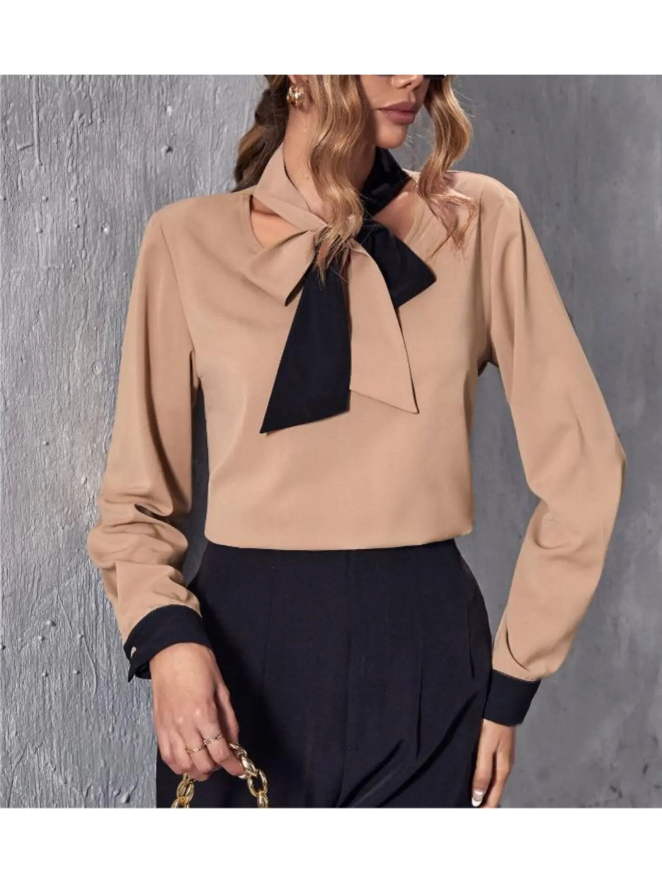 A ladies' khaki button-down Fitted Woven Long Sleeve blouse shirt tops with a bow tie is perfect for elegant business attire and versatile wear.