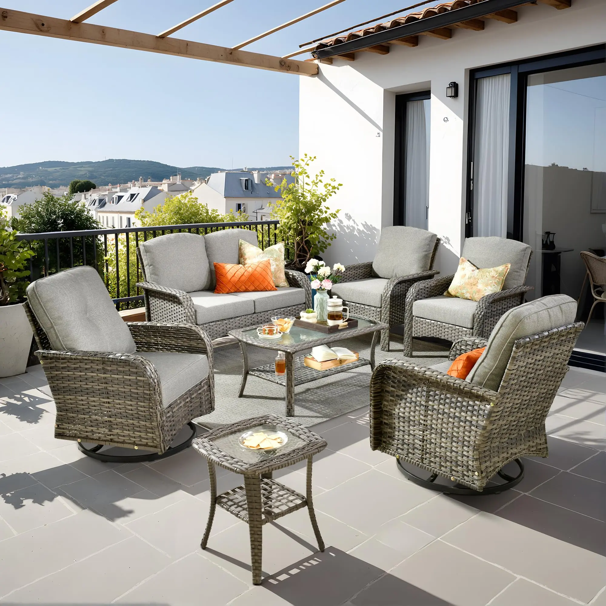 ALTRIGUS 7 Pieces Outdoor Patio Furniture Set, Outdoor Sofa Couch with Rocker Swivel Chairs and Loveseat,Coffee Table and Cushions, Wicker Rattan Sofa Set for Yard Garden Porch