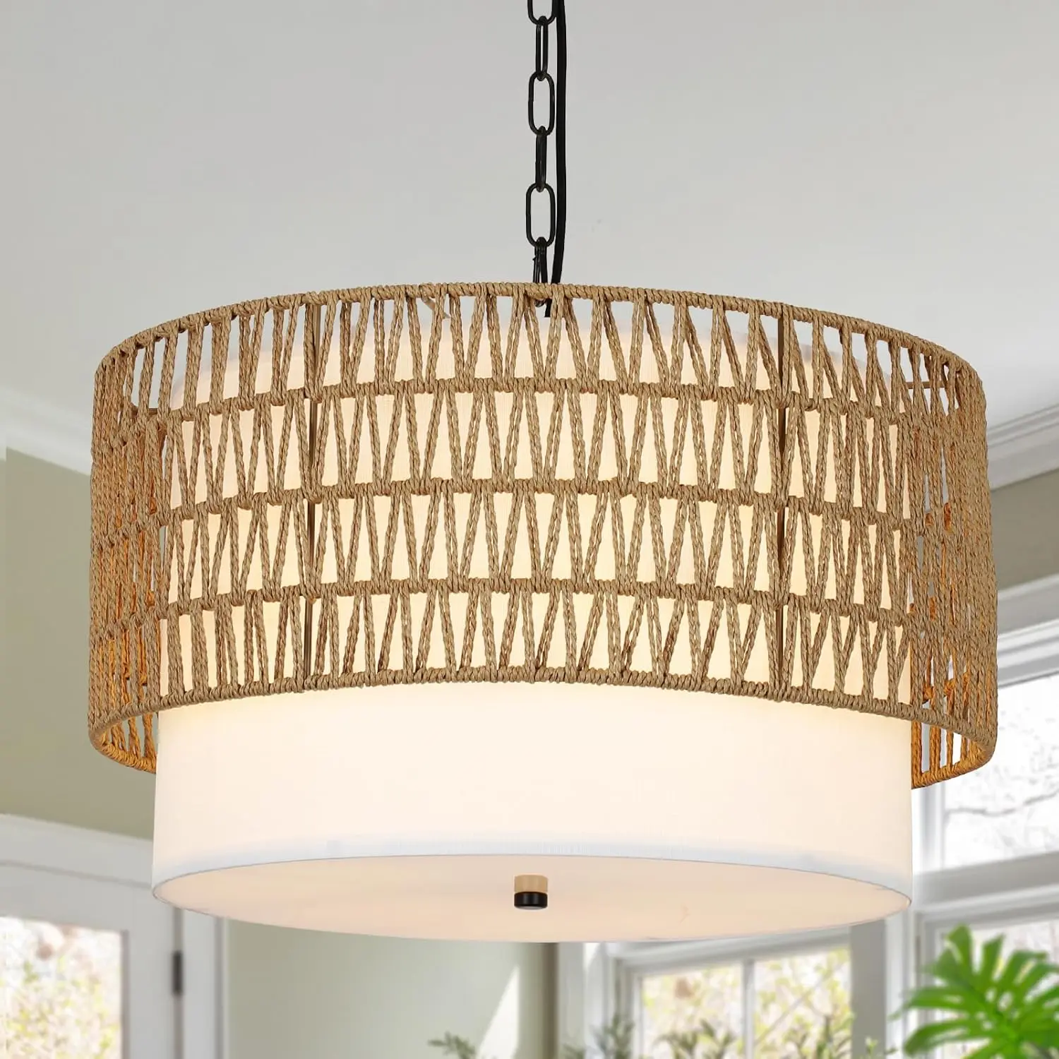 5-Light Rattan Boho Ceiling Lamp - Hand-Woven Farmhouse Decorative Interior Light Fixture with Fabric Shade for Home Dining Room, Kitchen Island