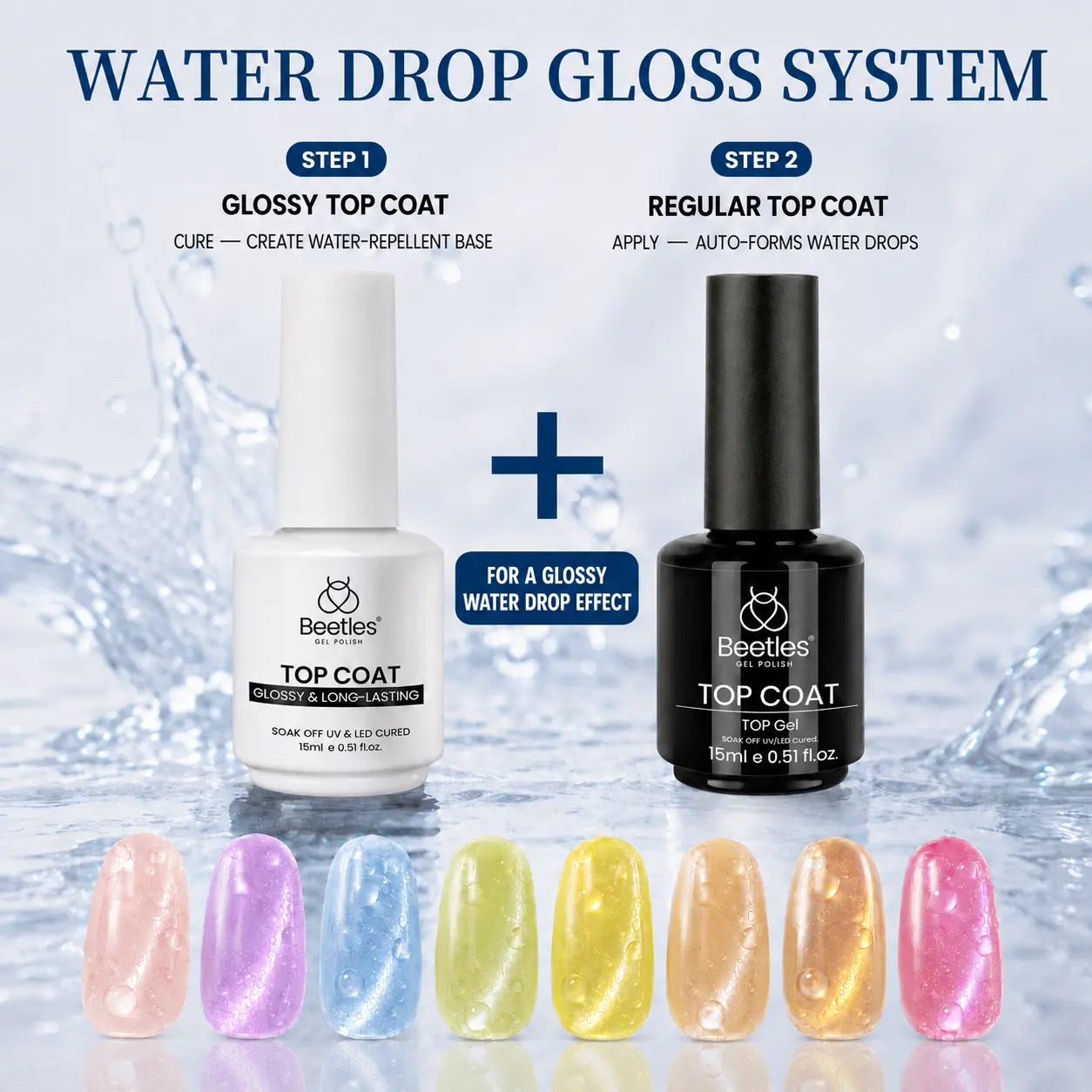 Beetles 3D Water Drop Gel Top Coat – No Wipe Extra Glossy Clear Gel Top Coat for 3D Water Droplet & Raindrop Nail Art, High Shine Long Lasting UV/LED Soak Off Gel Polish