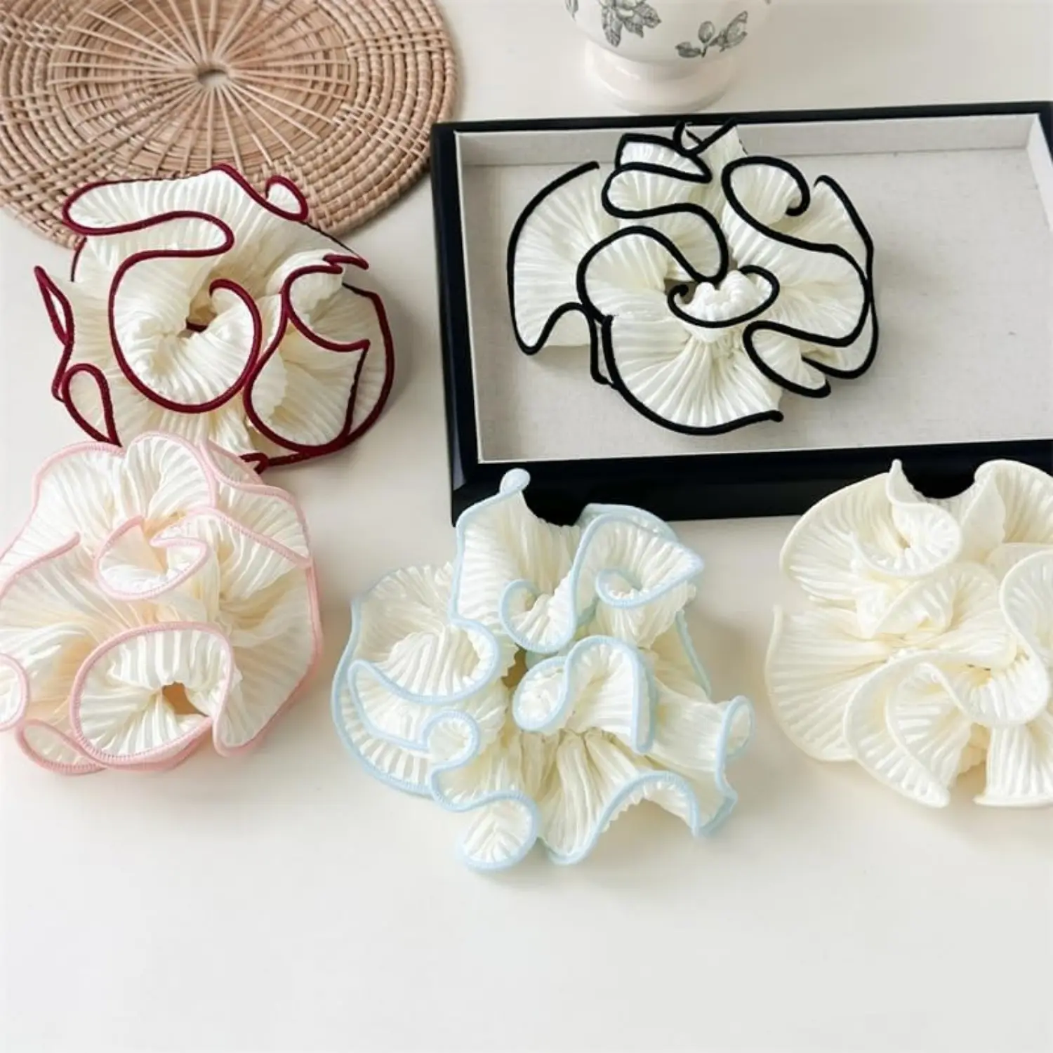 5Pcs Oversized Puffy Hair Scrunchies, 4.72in Double Layer Pleated Ruffle Design, White with Colored Trim, Casual Unisex Extra Large Hair Ties for Ponytails Voluminous Hairstyles Everyday Use - Home Improvement Building Supplies Wallpaper & Wall Trim