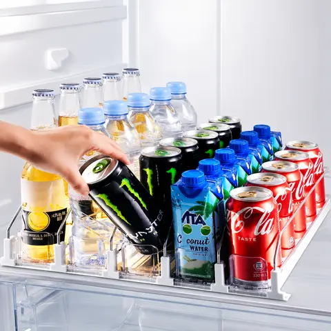 7CODE Rectangular Refrigerator Drink Storage Organizer - 6-Row Adjustable Width Dispenser with Automatic Pusher Glide, Holds Up to 30 Cans or Bottles
