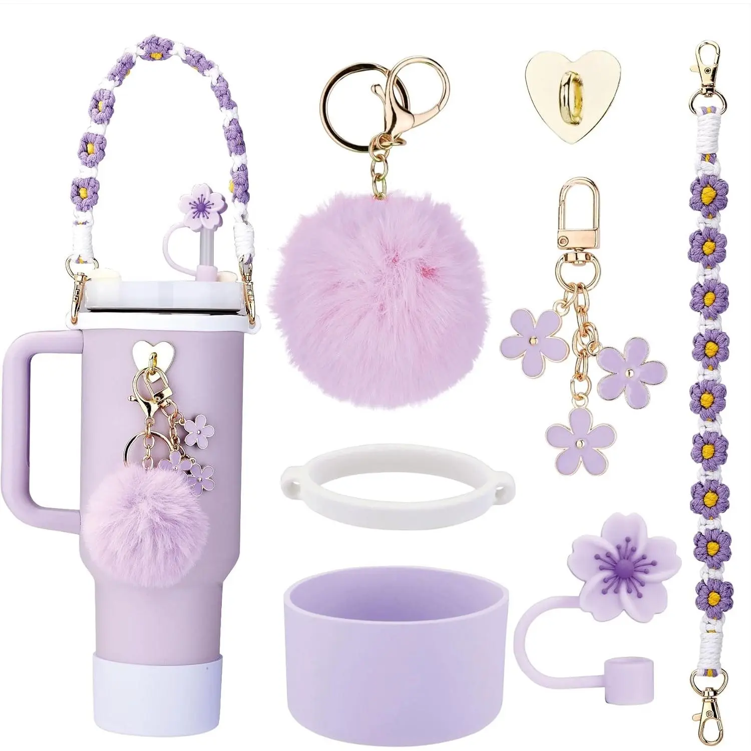 Handmade Crochet 7-Count Drinkware Accessories Set - Synthetic Grip Protective Holder Drinkware Accessories for 30/40 oz Tumblers, Includes Carrier Handle Strap, Silicone Straw Topper, Straw Holder, Cup Boot, Plush Ball, Key Chain, Heart Sticker, Purple