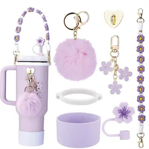 Tumbler Accessories - 7 count Set for 30/40 oz Cup, Including Handle Strap, Cup Boot, Straw Cover, Plush Ball and Key Charm, Purple