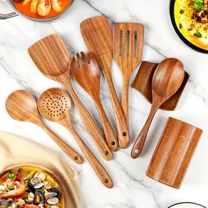 Mooues Natural Teak Wooden Kitchen Utensils Set - 3-15 Piece Safe Eco-Friendly Kitchen Gadgets with Comfort-Grip Spoons, Spatulas, Holes for Hanging, Wooden Cooking Tools for Home Cooking, with Rack