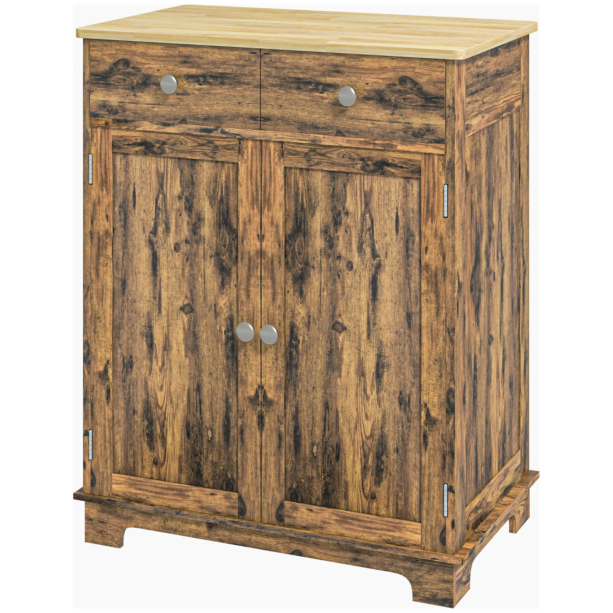 Brown Kitchen Storage Cabinet Sideboard Floor Cupboard with Solid Rubber Wood Top Adjustable Shelf 2 Drawers 2 Tier Door Storage for Dining Room Entryway Coffee Bar Pantry Organization