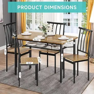 5-Piece Dining Table Set for 4, Modern Rectangular Kitchen Dining Table Furniture Set Breakfast Nook Table Set w/ 4 Chairs Dinette Table Sets with Wooden Table Tops and Metal Legs for Home