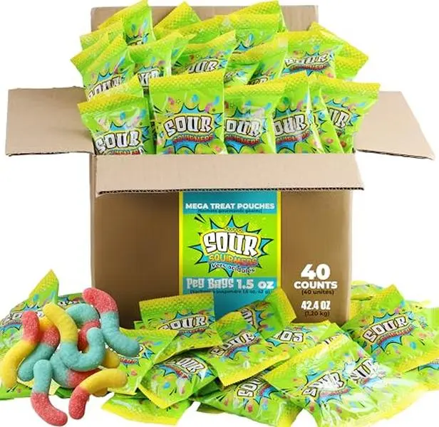 Dooboe Full Size Sour Gummy Worms Bulk Pack - 40 Packs (30 Gram Peg Bags) - Sour Squirmers Individually Wrapped for Kids and Adults, Parties, School, Pinata