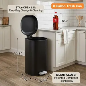 Garvee 8 Gallon Black Trash Can 30L Metal Kitchen Garbage Bin With Soft Close Lid And Step Pedal Fingerprint Resistant For Bathroom Office Bedroom
