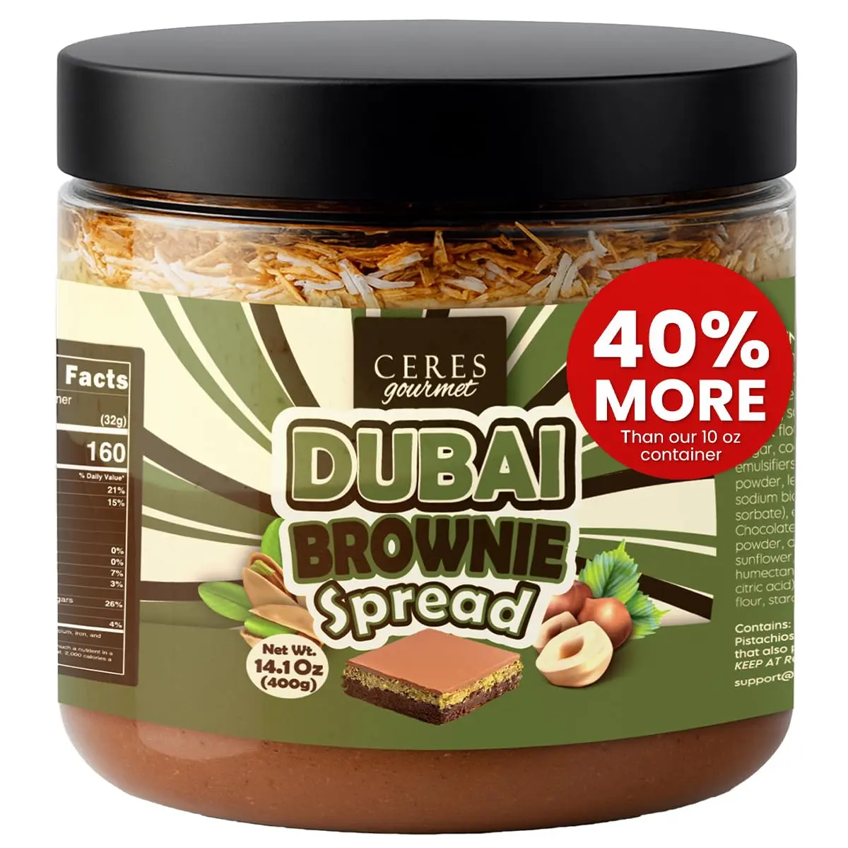 Ceres Gourmet Dubai Chocolate Pistachio Spread 14.1oz with Brownie Bites, Pistachio Cream, Crispy Kataifi, Rich Chocolate Spread, Breakfast Topping, Dessert Spread, Snack Gift Jar 400g