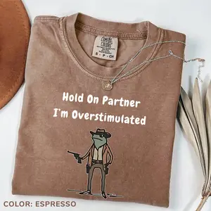 Comfort Colors Hold On Partner I'm Overstimulated T-shirt, Cowboy Frog Tshirt, Gen Z Shirt Funny Meme Tee, Cozy Unisex Apparel