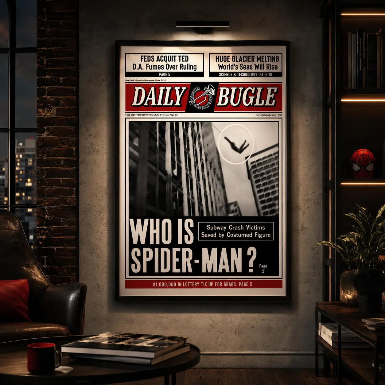 Retro black-white-red newspaper style superhero framed canvas, Daily Bugle classic industrial aesthetic wall print. Cool vintage vibe decor for apartment, bedroom and living room, edgy statement piece for urban modern home interiors.