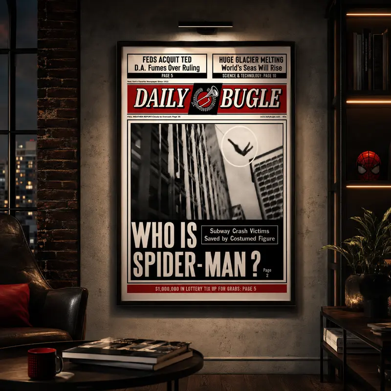 Retro black-white-red newspaper style superhero framed canvas, Daily Bugle classic industrial aesthetic wall print. Cool vintage vibe decor for apartment, bedroom and living room, edgy statement piece for urban modern home interiors.