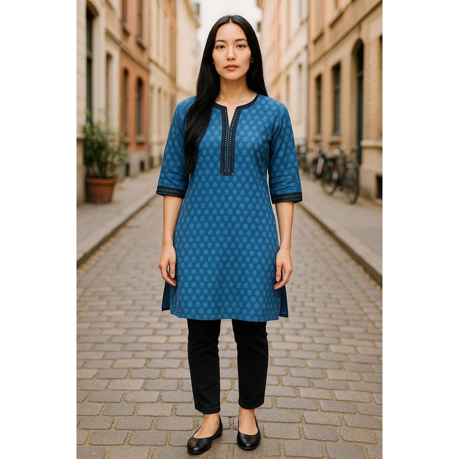 Demask Flower 100% Cotton Silk 3/4 Sleeves Round Neck with Mirror Work around Neck Women Casual Tunic, Tops Perfect for Travel, Festivals and More