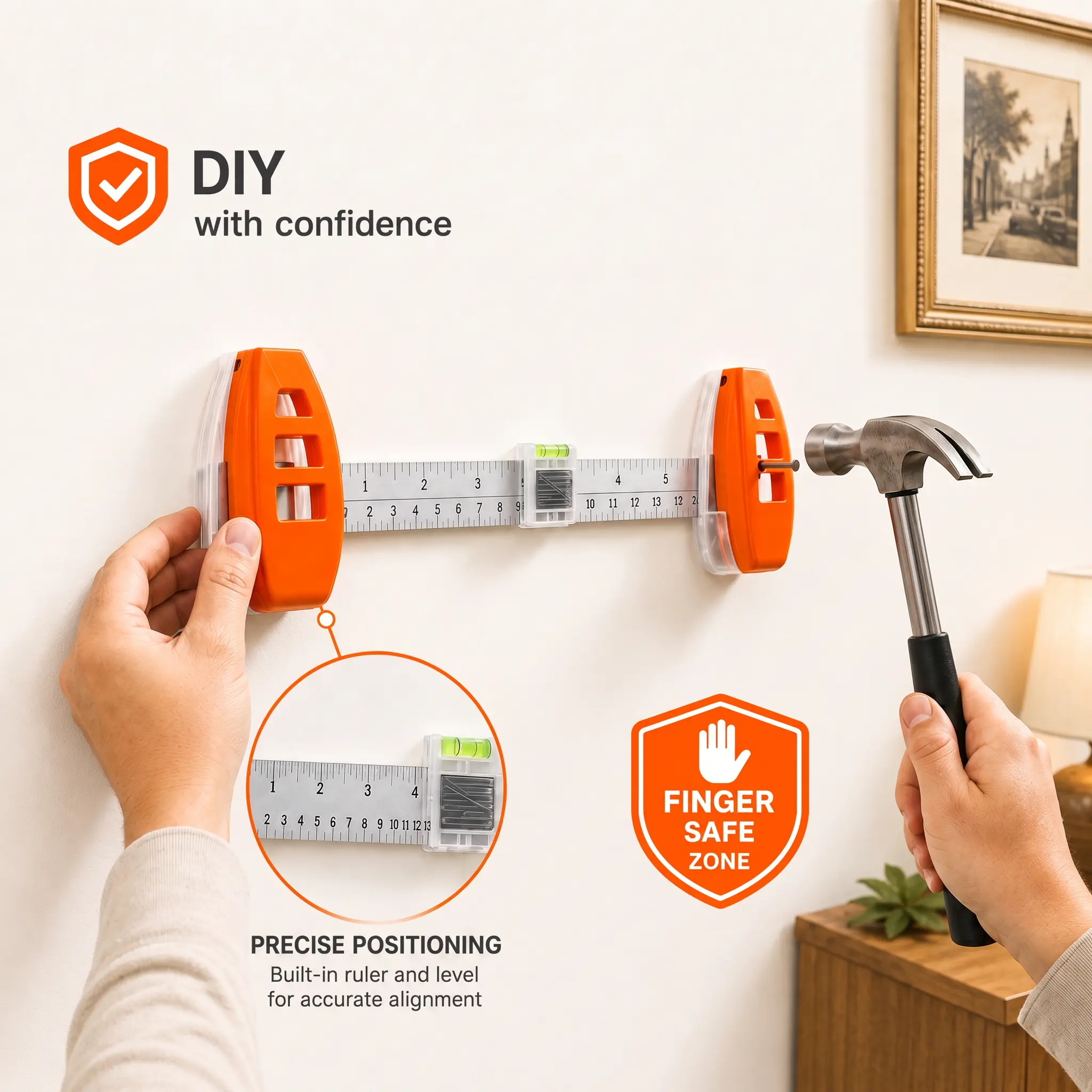 Professional Picture Hanging Tool with Level Ruler, Dual-Hook Lightweight Multifunctional Kit for Home Wall Decoration Precise Placement, Wall Decorations, Abs