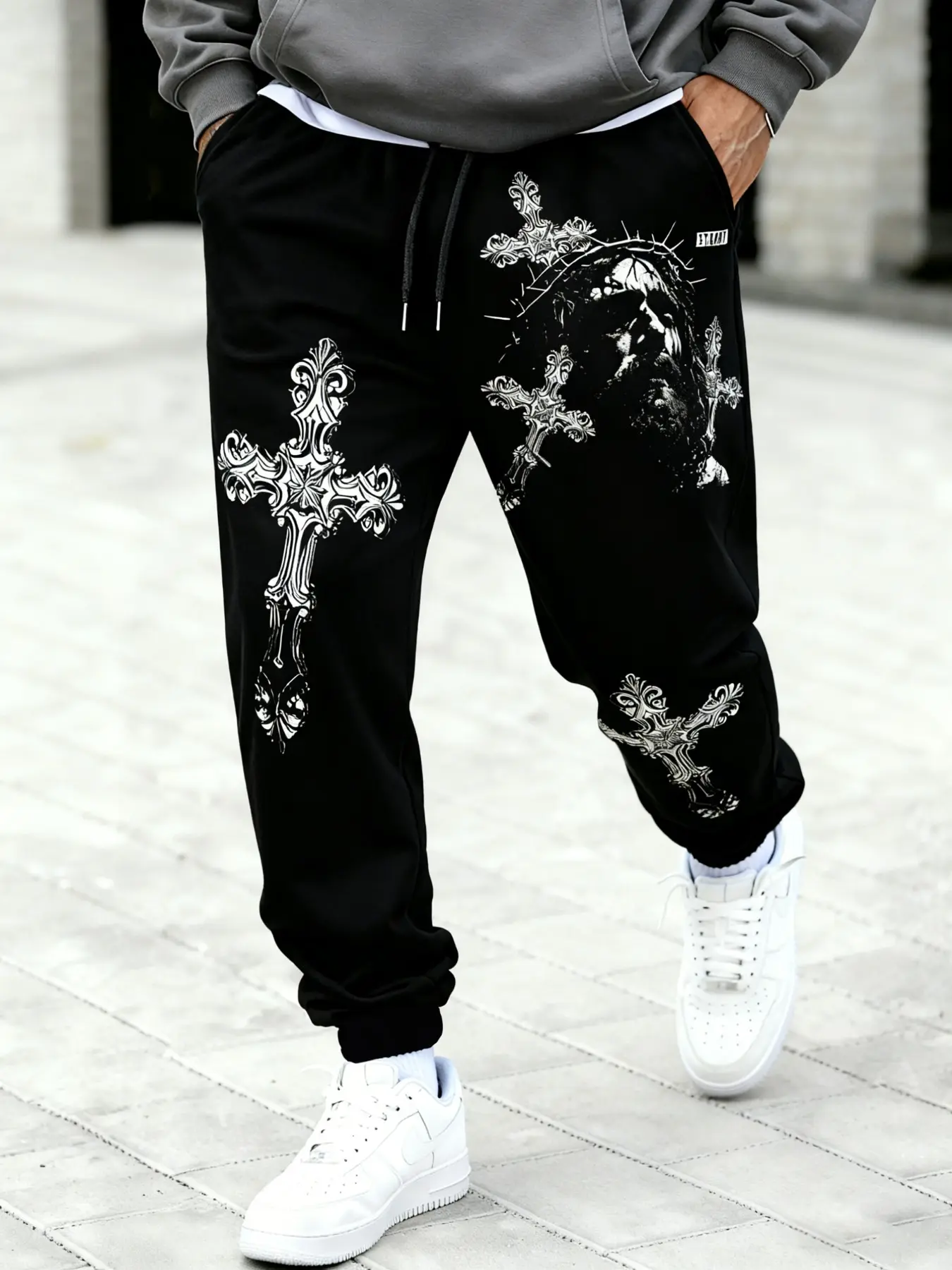 Men's Plus Size Loose Fit Sport Pants, Cross & Jesus Print, Casual Multifunctional Joggers, Fashion Trendy, Outdoor Streetwear