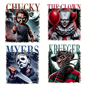 4-Pack Halloween Horror Movie Cartoon Iron-On Heat Transfer Patches, DIY Durable Polyurethane Fabric Decals for T-Shirts, Jeans, Backpacks - Red/Black Classic Horror Characters Vinyl Appliques