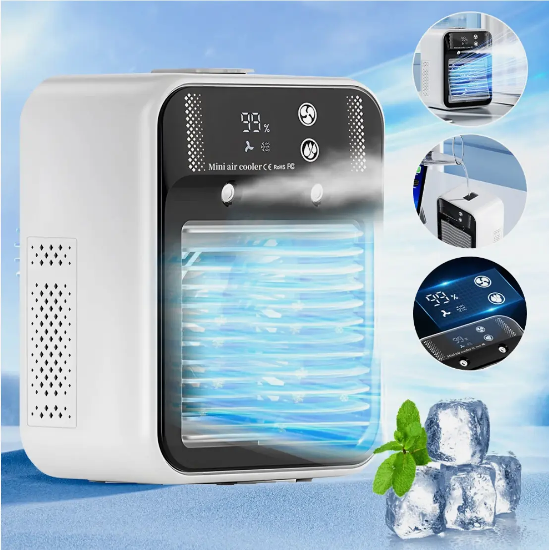 3-in-1 Lithium Cordless Portable Evaporative Air Cooler - Compact Tabletop Device with Humidifier, USB Cable, Adjustable, Energy-Saving, Low-Noise, Eco-Friendly, Display, Mobile Desk Fan for Sports & Outdoor Spaces, Family Use, Miniature, Cooling+Humidity