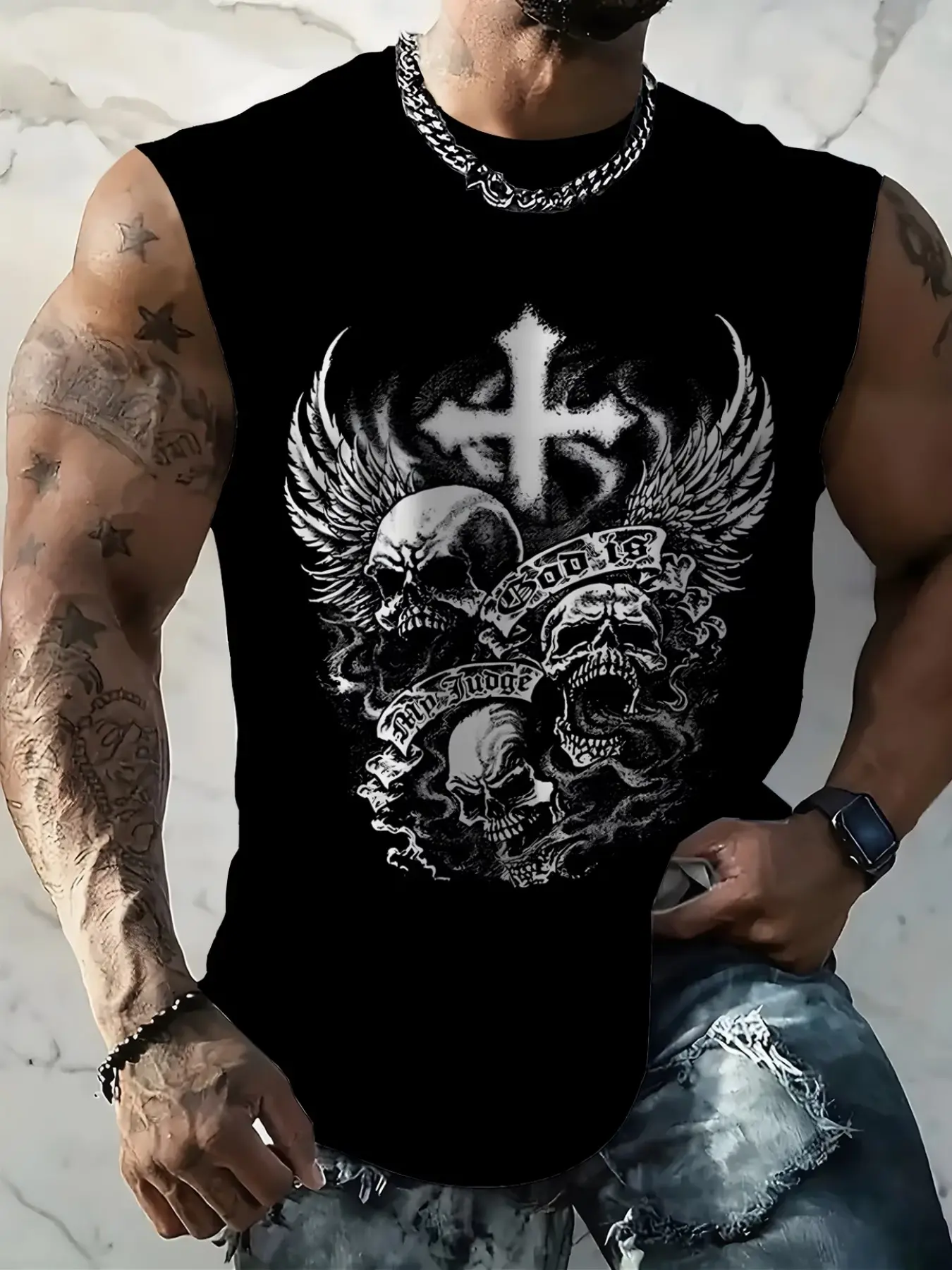 Men's Fashion Casual Sleeveless Vest, Base Skull Wings Cross Print, Punk Style, Comfortable Fit, Outdoor Fitness