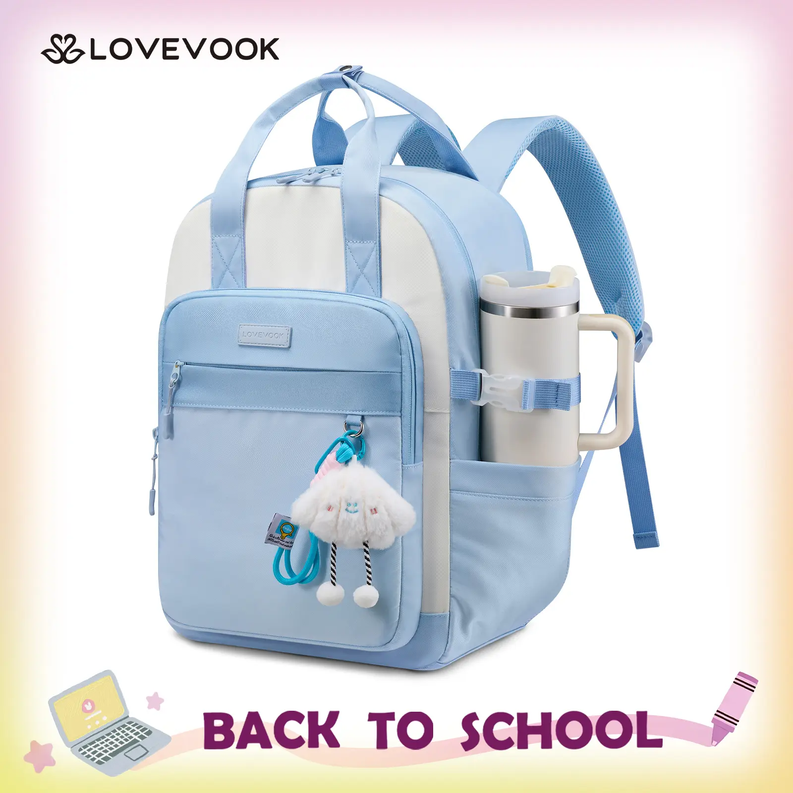 LOVEVOOK School Backpacks for Teen Girls Fits 15.6" Laptop, Lightweight Middle High School Bookbag with Large Bottle Holder for Kids, 30L Cute College Backpacks for Students Back to Schools,Blue