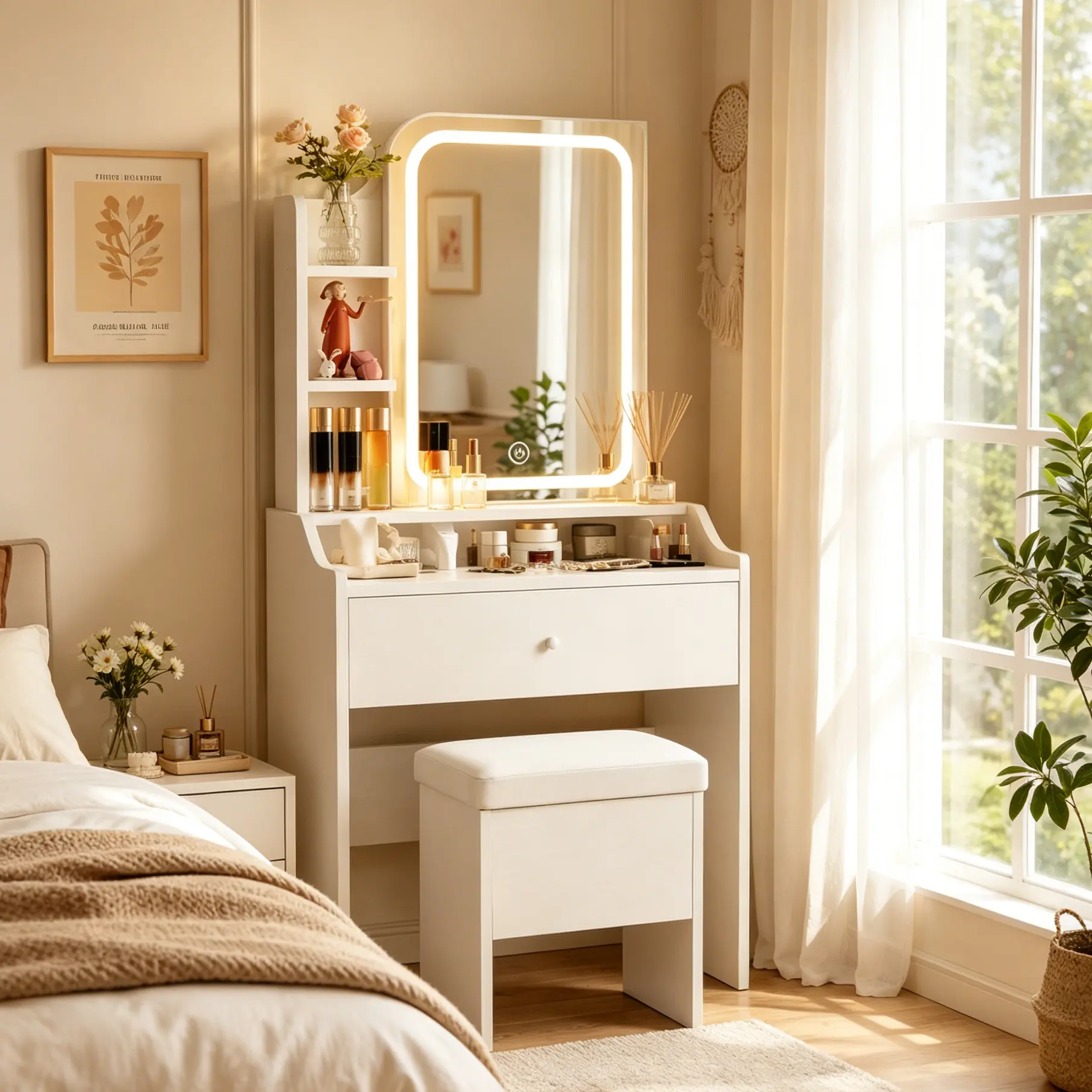 Modern Makeup Vanity Set - White Indoor Furniture with Lighted Mirror, Built-in LED Light Bar, Stool, Drawers, Storage, MDF & Glass, 2 Standard Plug Outlets and USB Ports for Beauty Organization