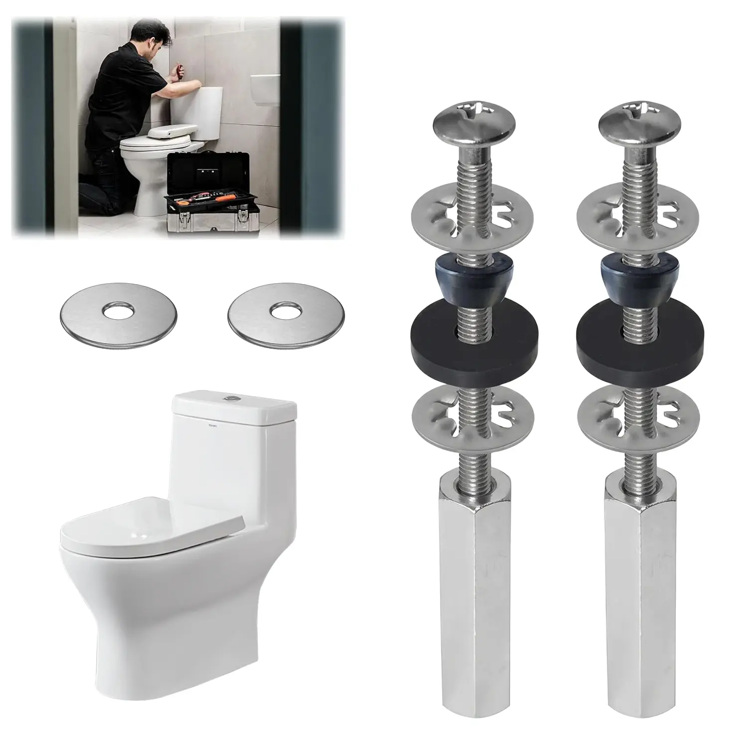 Universal Toilet Seat Screws 2 Pack, Solid Brass Toilet Seat Bolts Replacement Kit with Stainless Steel Nuts & Anti-Slip Gaskets, Heavy Duty Toilet Seat Fixing Hardware, Easy Installation