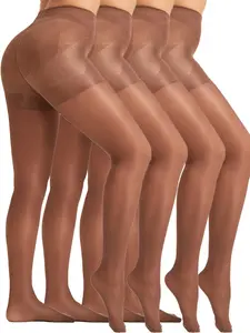 Women's 40D Nylon Spandex Control Pantyhose, Anti-Chafe Light Support High Waist Stockings, Coffee Color, 4 Pairs Pack Womenswear