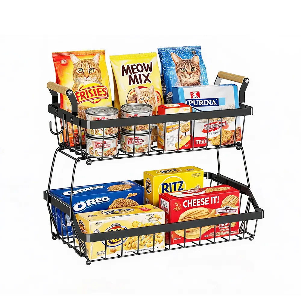 2-Tier Wire Basket Organizer Racks - Detachable, Portable, Stackable Countertop Storage with Hangers, Space-Saving for Fruit, Coffee Station, Bathroom Essentials, 2 Tier With Hangers