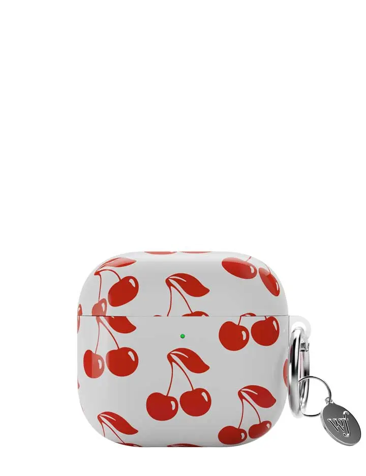 American Cherries | Limited Edition AirPods Case | Scratch Resistant Shock Absorbing Cover | Women Owned Small Business | White Background Red Cherries Classic Cherry Fruit Print Trendy Fits AirPods Pro 2 AirPods 4 | Earbuds Case Protection | Gift for Her