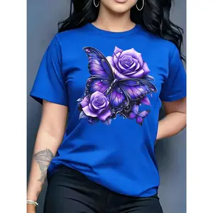 100% Cotton, Multiple Colors Available, Women's Casual Short Sleeve Round Neck T-Shirt - Vibrant Butterfly and Rose Floral Print, Lightweight and Breathable Fabric, Machine Washable Spring Summer Top, Natural Inspiration Design, Comfortable Fit Shirt